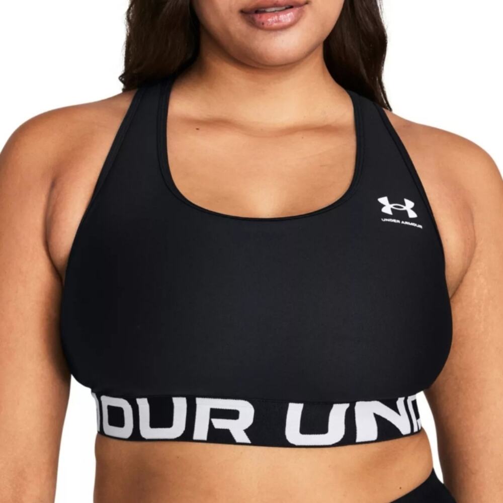 Under Armour NWT HeatGear Mid Branded Sports Bra Black Compression Support Large